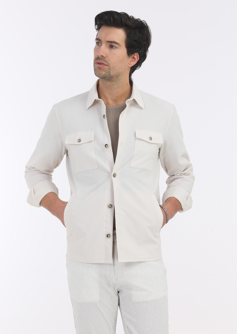 Ekru Düz Casual Fit Uzun Dokuma Pamuk Karışımlı Overshırt - 3