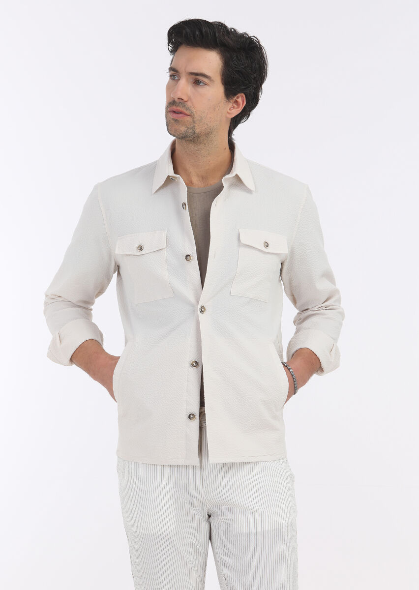 Ekru Düz Casual Fit Uzun Dokuma Pamuk Karışımlı Overshırt - 3
