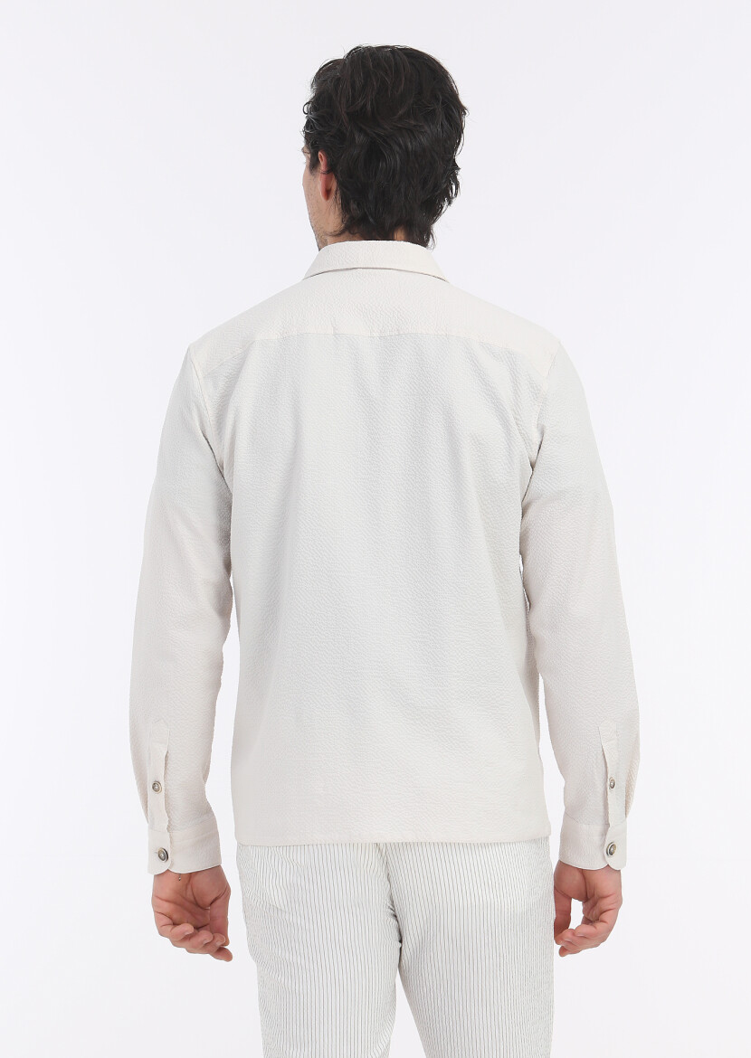 Ekru Düz Casual Fit Uzun Dokuma Pamuk Karışımlı Overshırt - 5