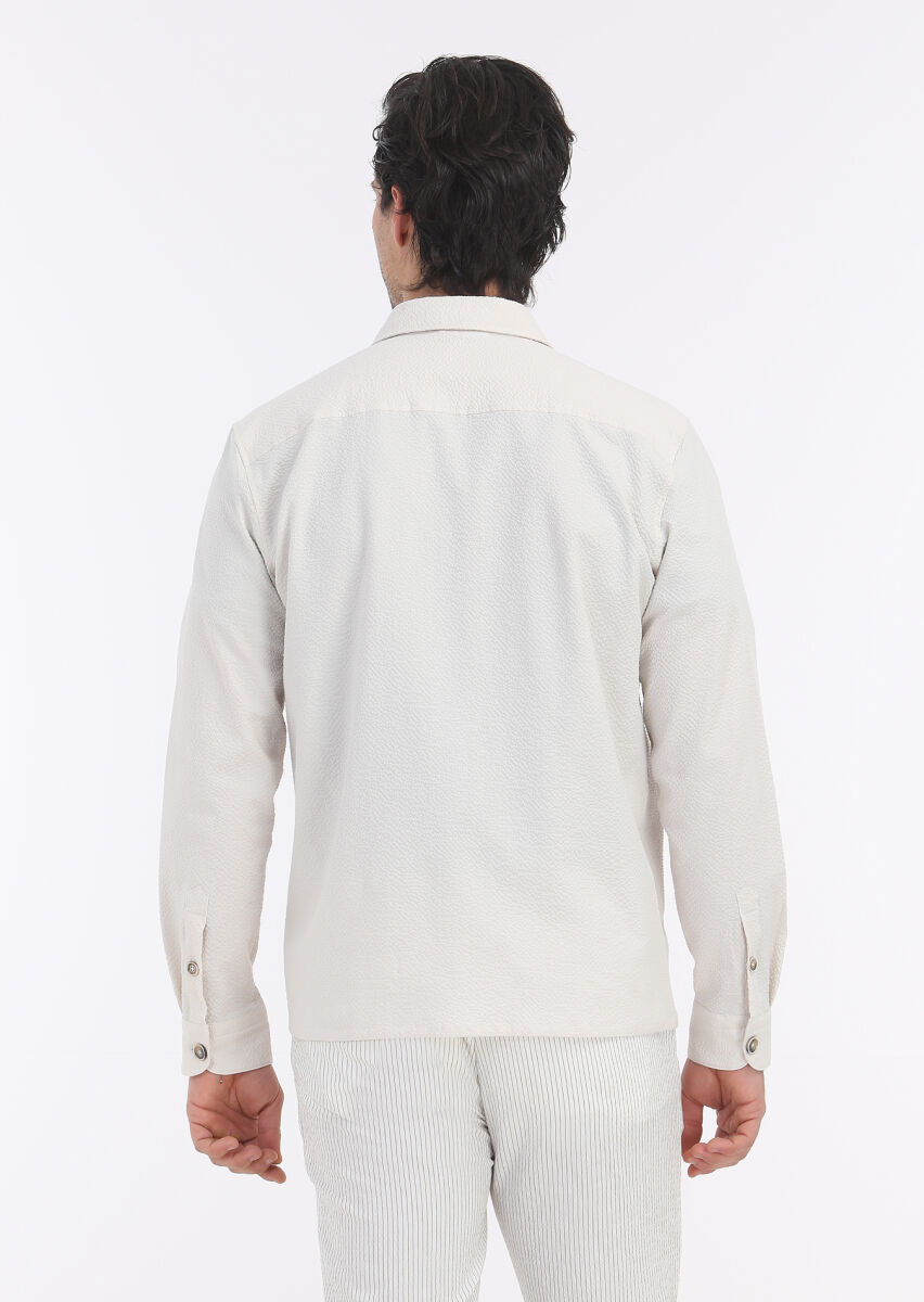 Ekru Düz Casual Fit Uzun Dokuma Pamuk Karışımlı Overshırt - 5