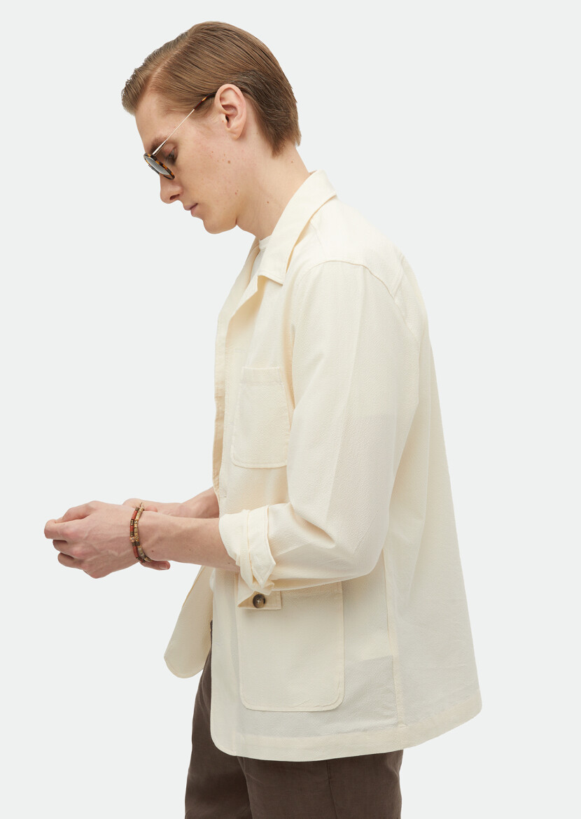 Ekru Düz Casual Fit Uzun Dokuma Pamuk Karışımlı Overshırt - 5