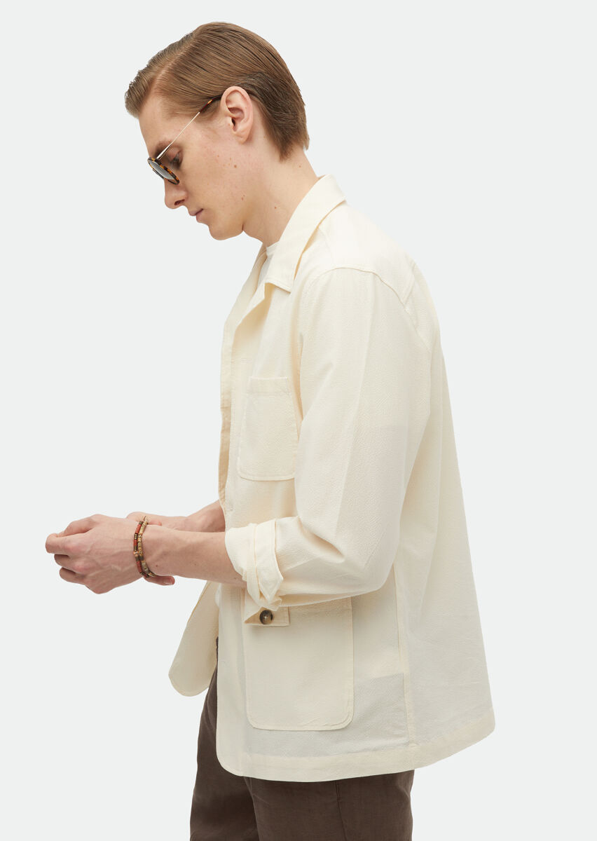 Ekru Düz Casual Fit Uzun Dokuma Pamuk Karışımlı Overshırt - 5