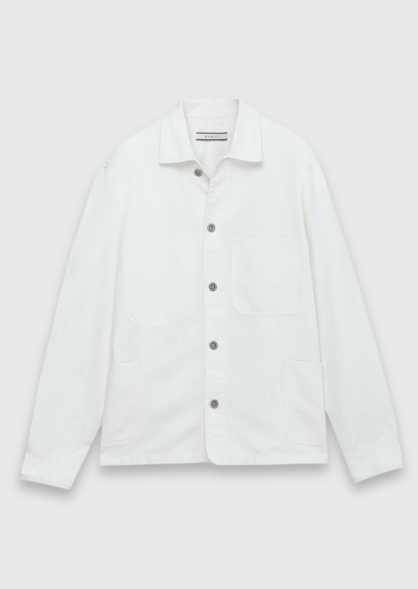 Ekru Düz Casual Fit Uzun Dokuma Pamuk Karışımlı Overshırt - 6