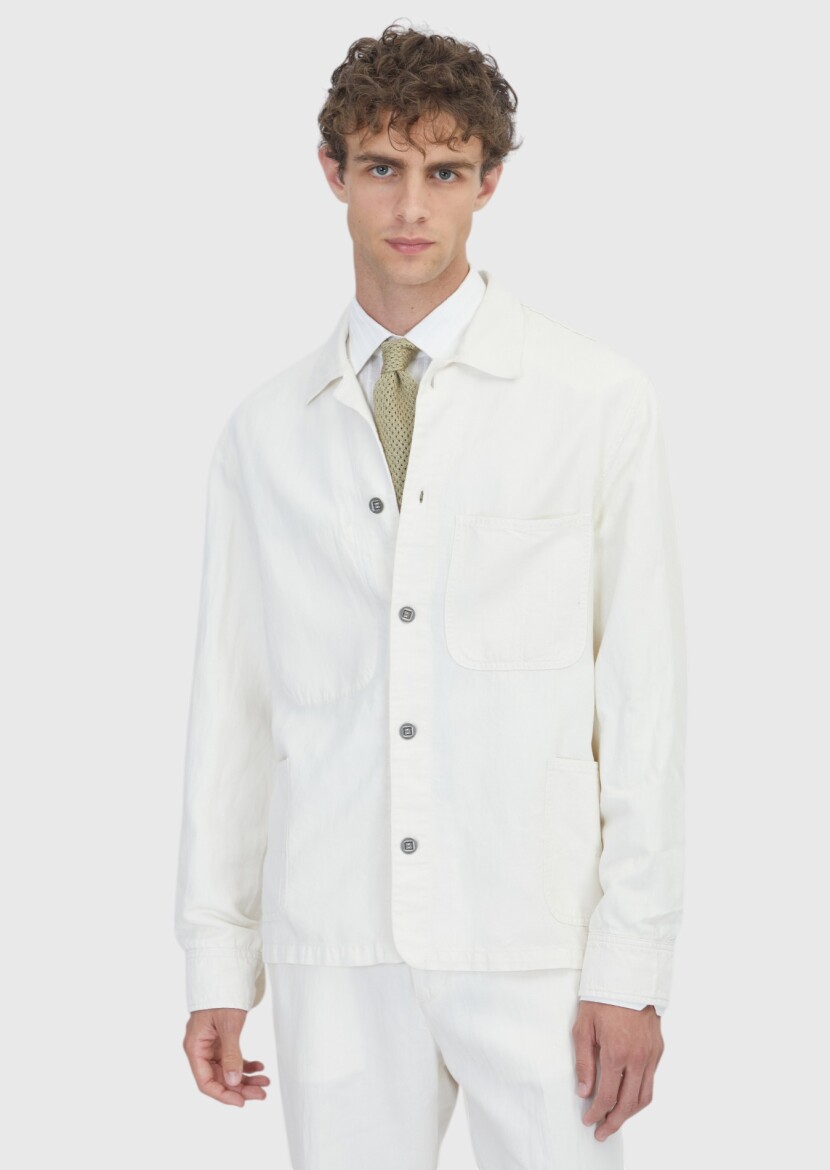 Ekru Düz Casual Fit Uzun Dokuma Pamuk Karışımlı Overshirt - RAMSEY