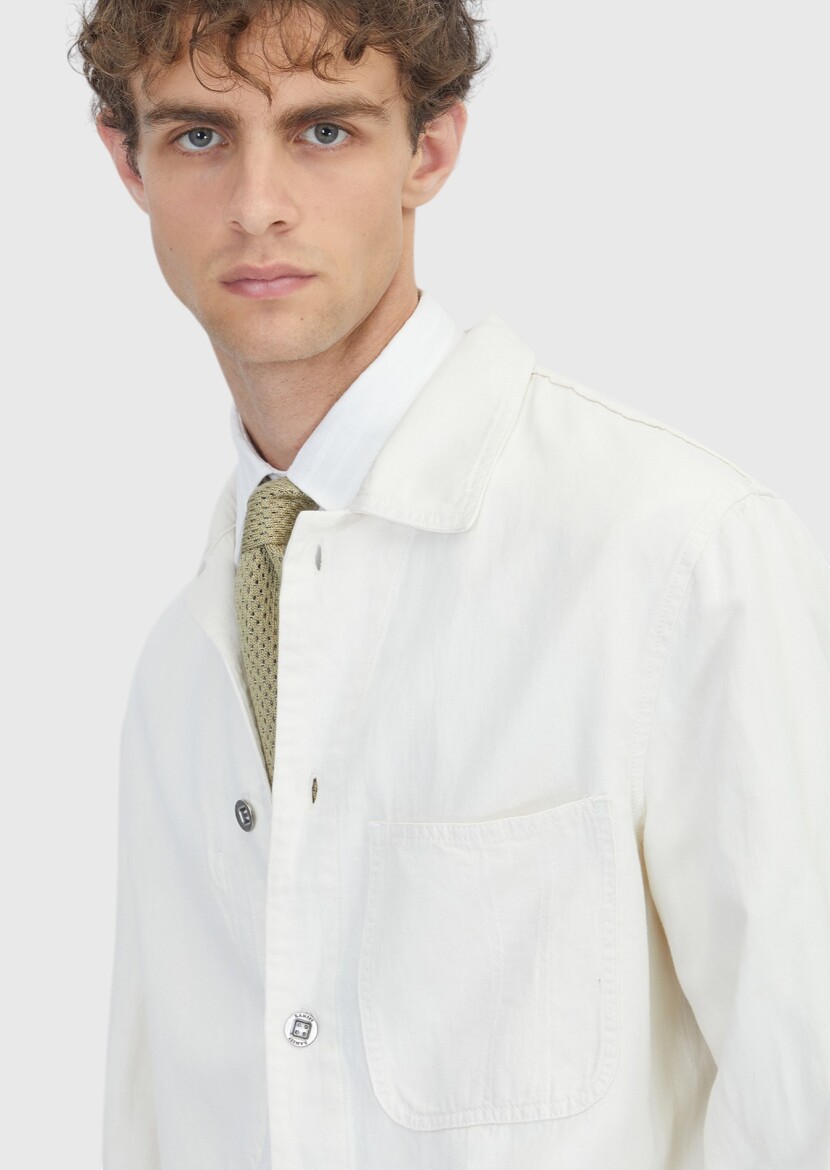 Ekru Düz Casual Fit Uzun Dokuma Pamuk Karışımlı Overshırt - 4