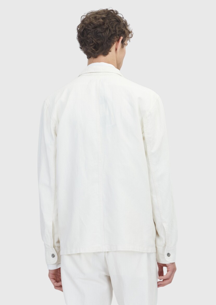 Ekru Düz Casual Fit Uzun Dokuma Pamuk Karışımlı Overshırt - 5