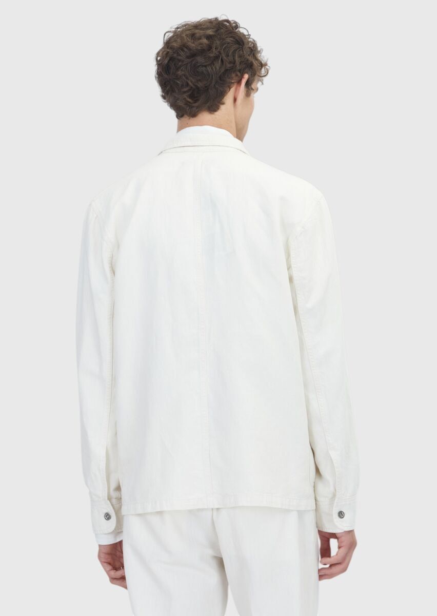 Ekru Düz Casual Fit Uzun Dokuma Pamuk Karışımlı Overshırt - 5