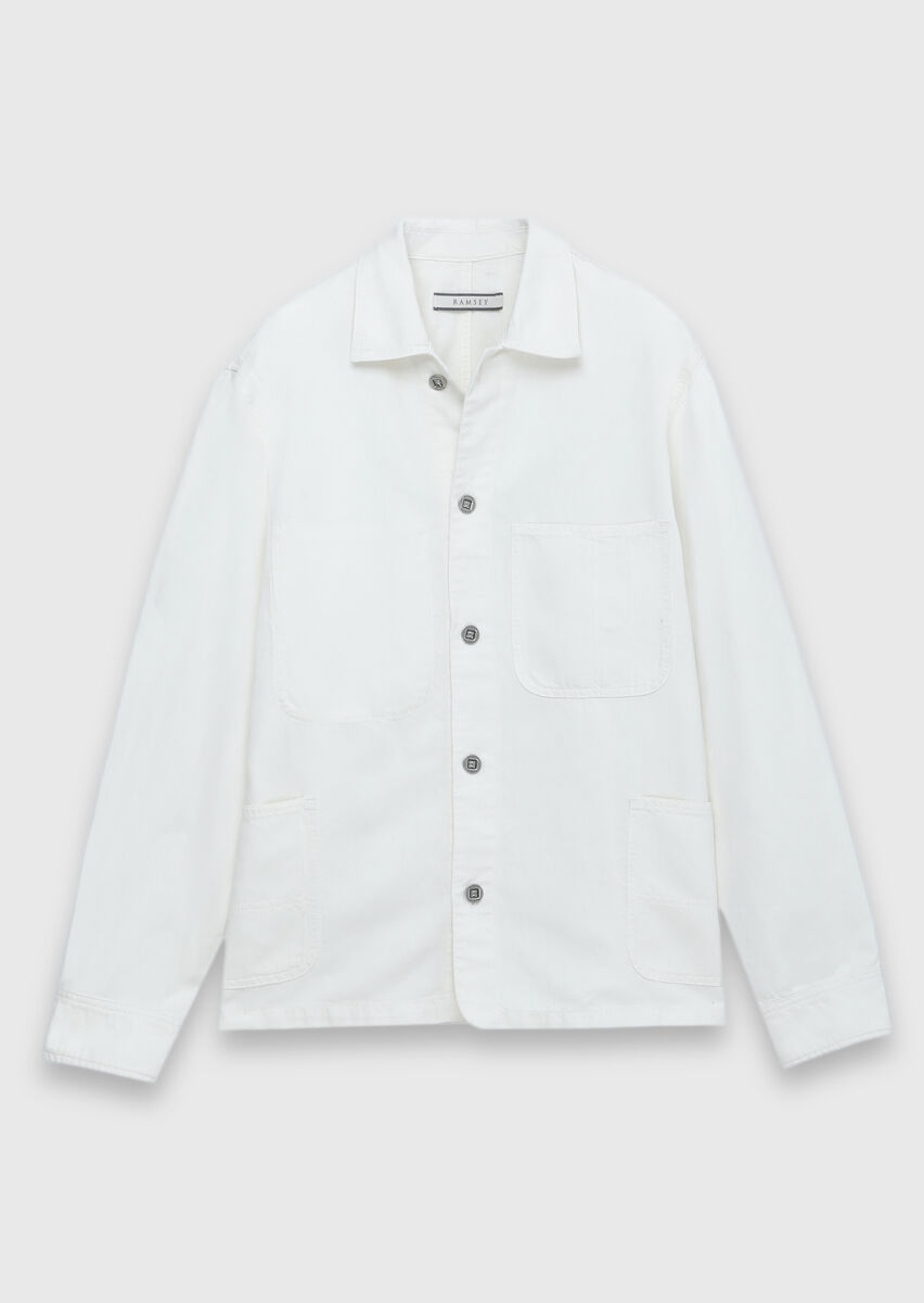 Ekru Düz Casual Fit Uzun Dokuma Pamuk Karışımlı Overshırt - 6