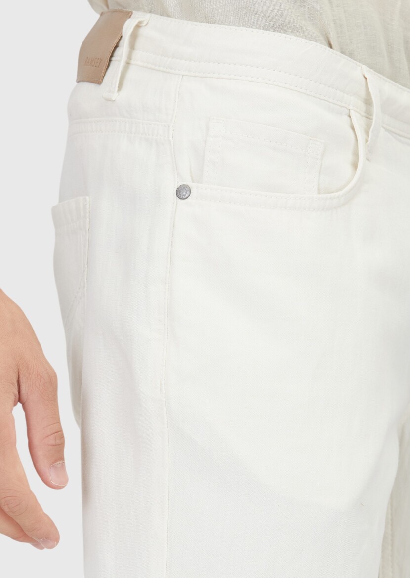 Ekru Düz Denim Regular Fit Casual Pamuk Karışımlı Pantolon - 3