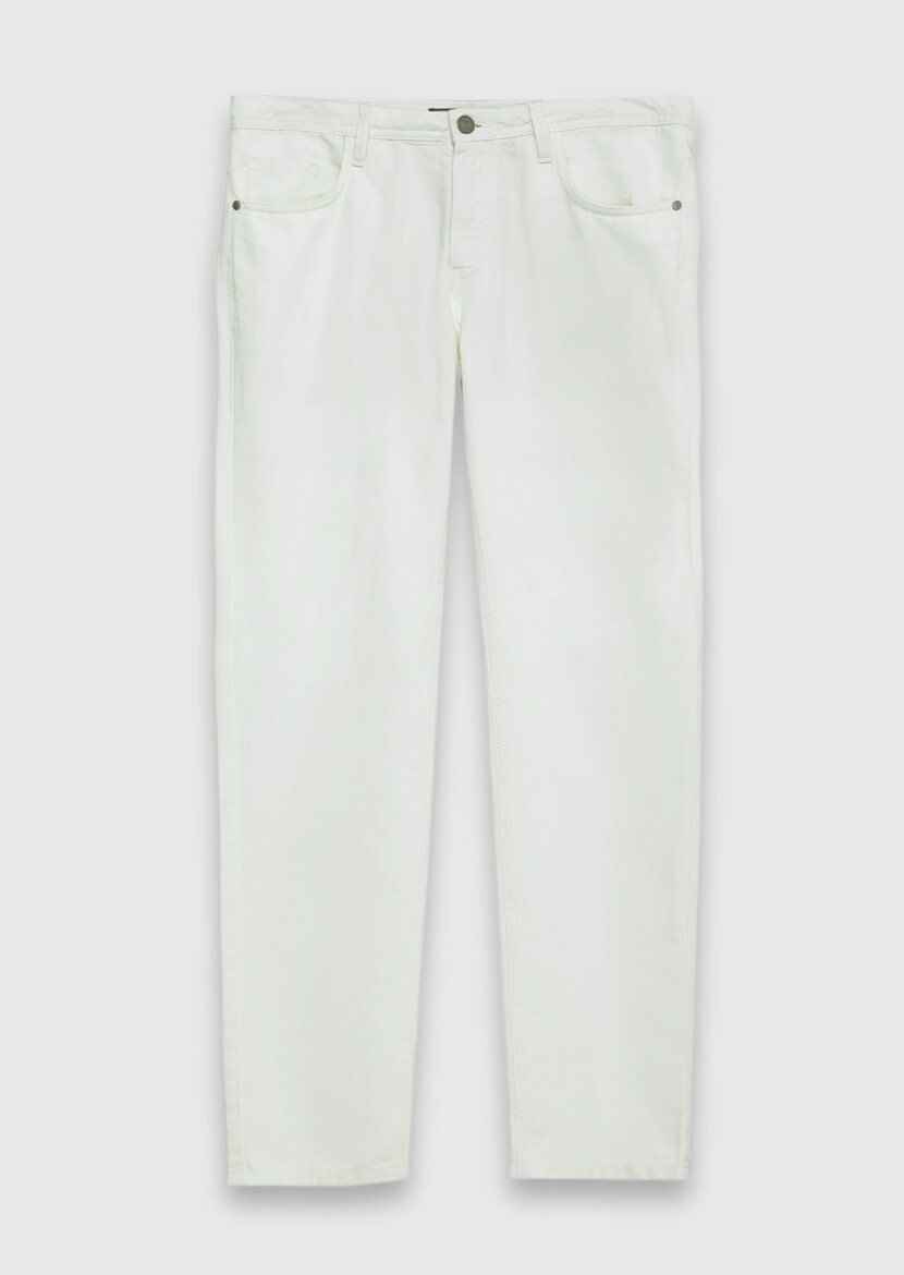Ekru Düz Denim Regular Fit Casual Pamuk Karışımlı Pantolon - 5