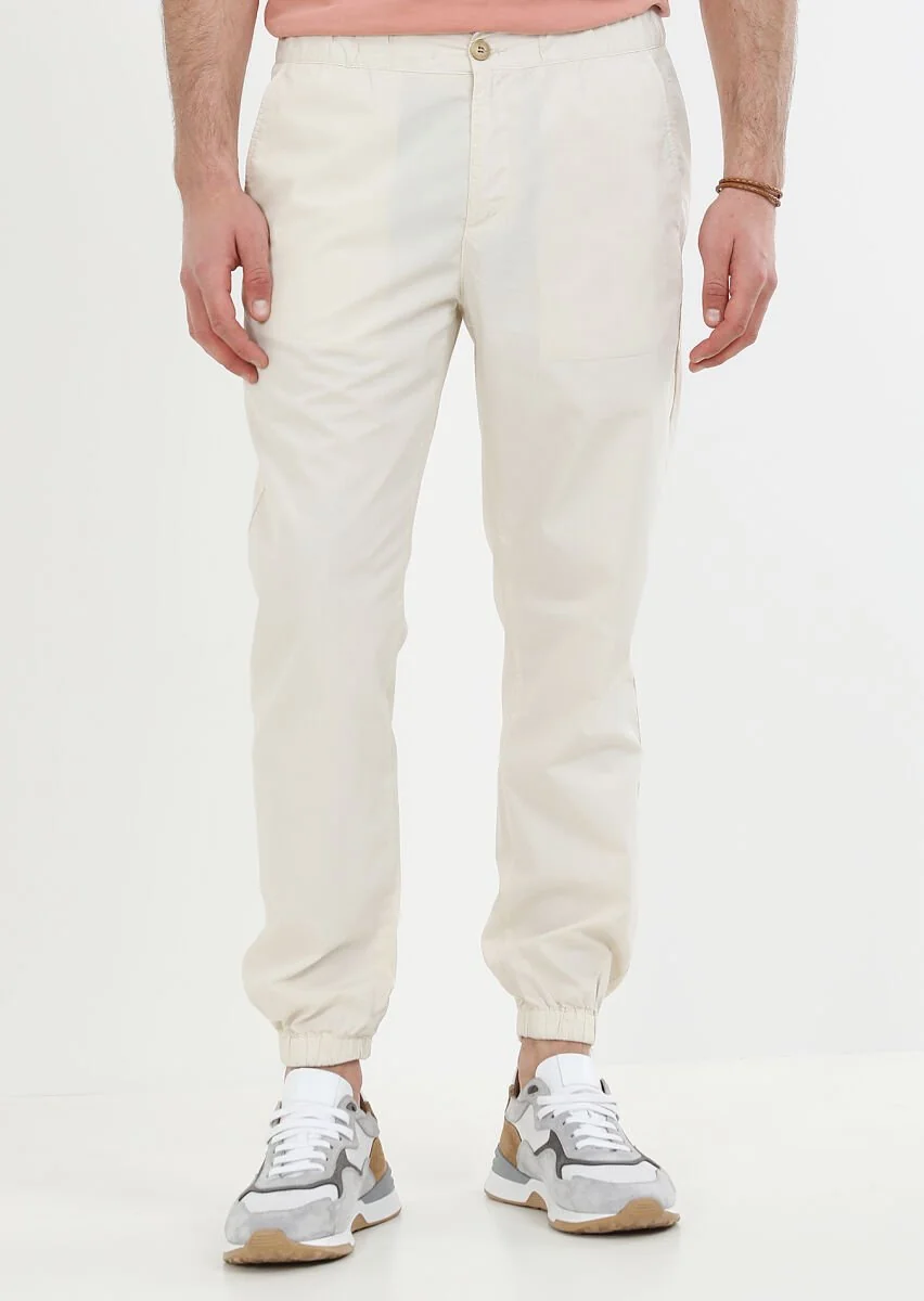 Ekru Düz Dokuma Jogging Fit Casual %100 Pamuk Pantolon - 1