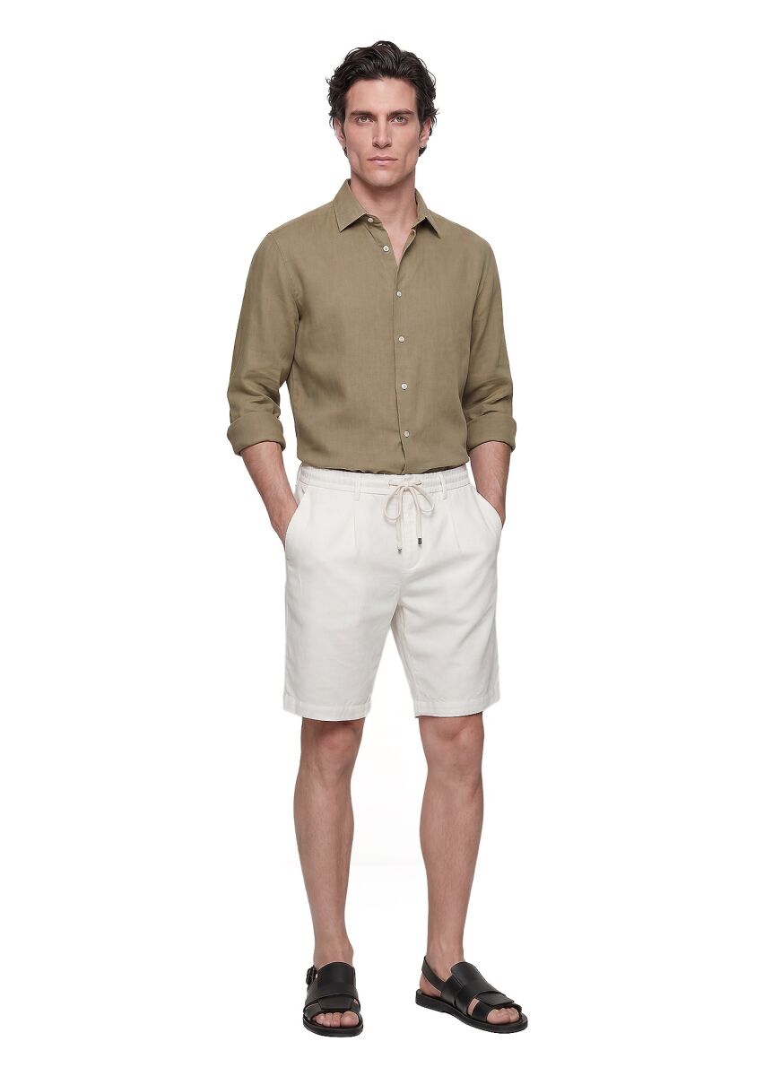 Ekru Düz Dokuma Jogging Fit Casual Keten Karışımlı Bermuda - 1
