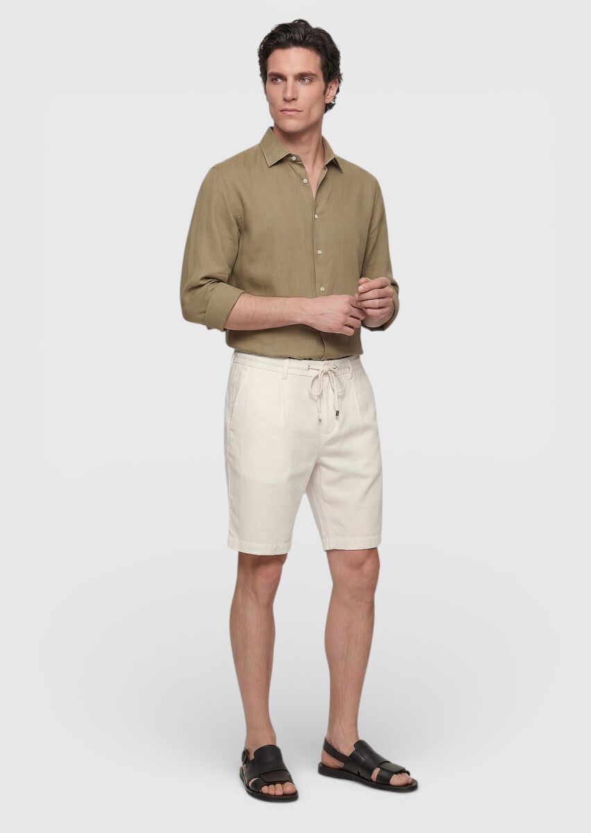 Ekru Düz Dokuma Jogging Fit Casual Keten Karışımlı Bermuda - 3