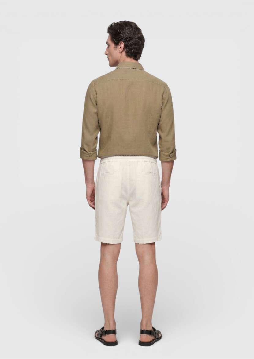 Ekru Düz Dokuma Jogging Fit Casual Keten Karışımlı Bermuda - 4