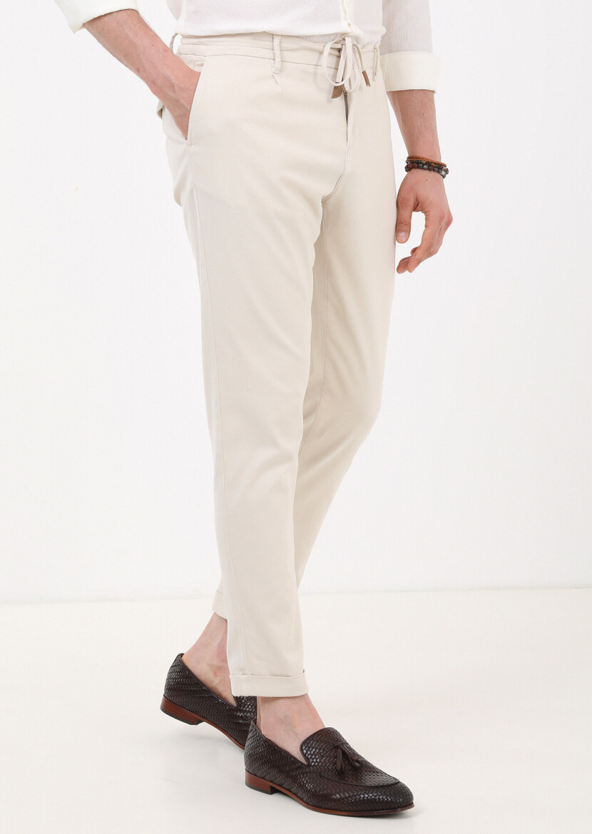 Ekru Düz Dokuma Jogging Fit Casual Pamuk Karışımlı Pantolon - 1