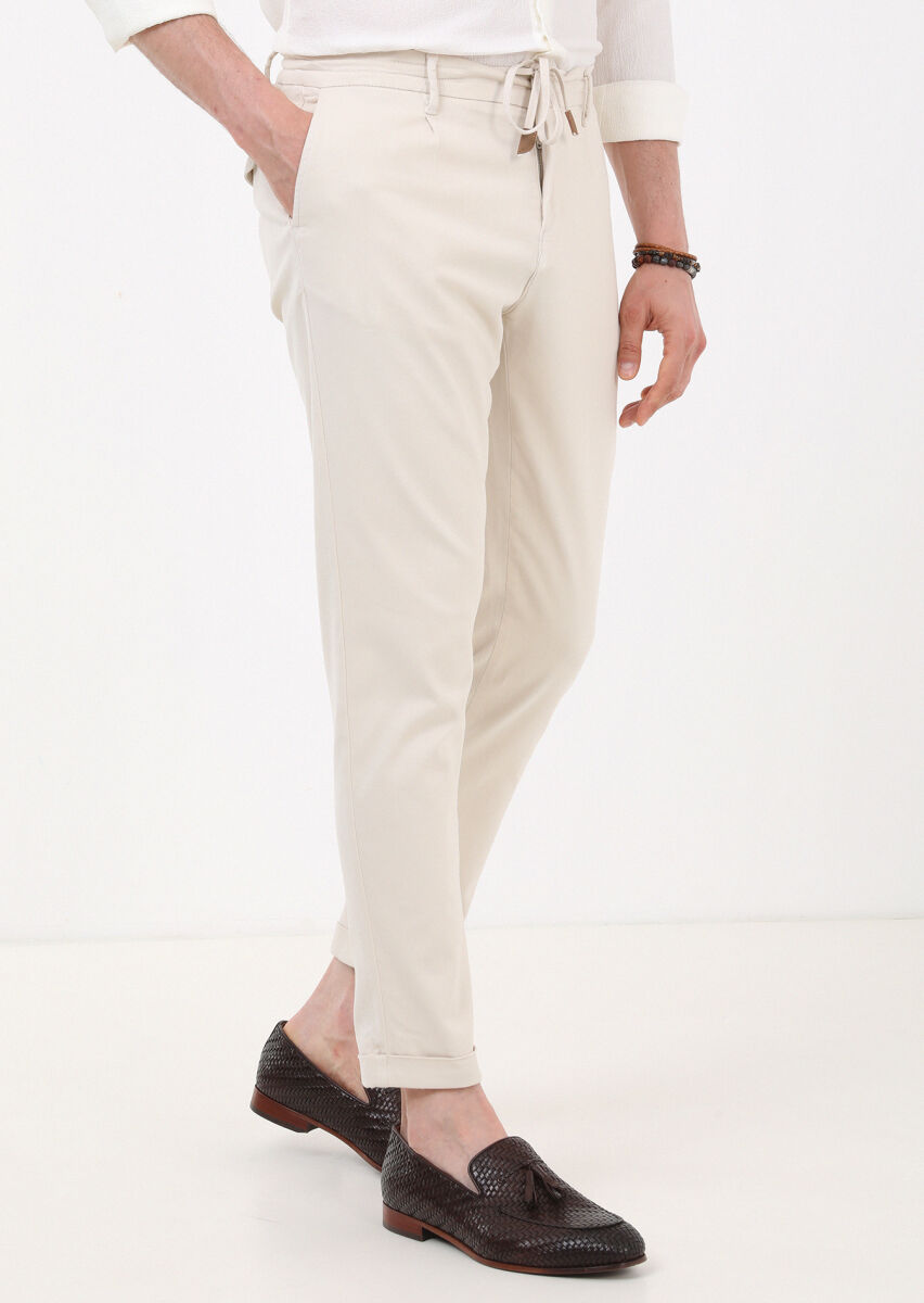 Ekru Düz Dokuma Jogging Fit Casual Pamuk Karışımlı Pantolon - 1