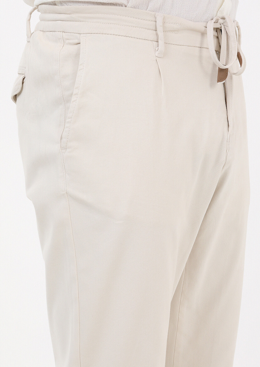 Ekru Düz Dokuma Jogging Fit Casual Pamuk Karışımlı Pantolon - 3