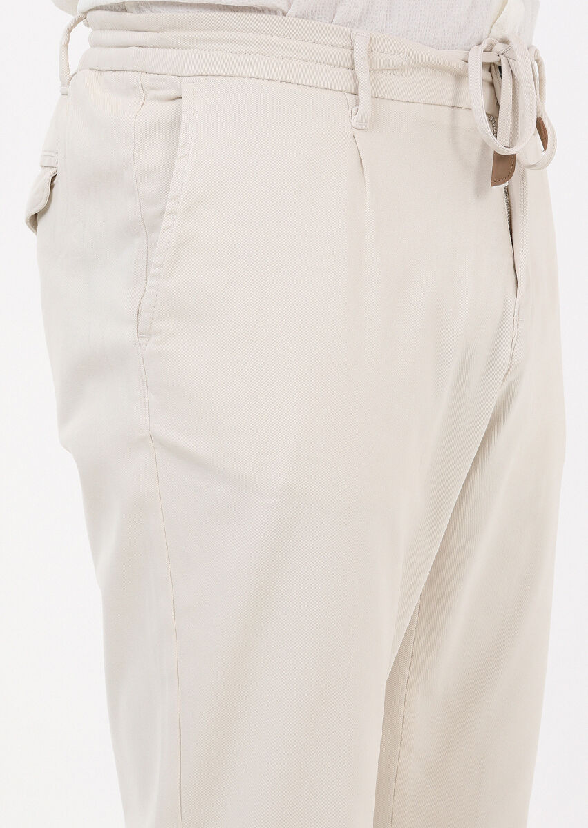 Ekru Düz Dokuma Jogging Fit Casual Pamuk Karışımlı Pantolon - 3
