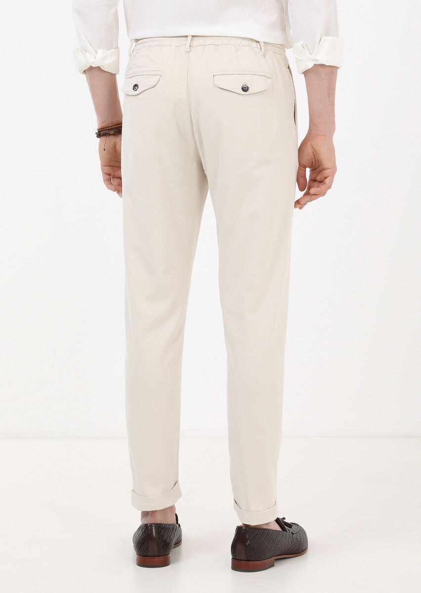 Ekru Düz Dokuma Jogging Fit Casual Pamuk Karışımlı Pantolon - 4