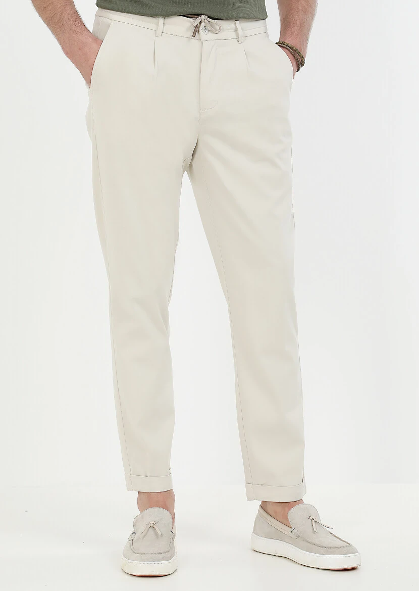 Ekru Düz Dokuma Jogging Fit Casual Pamuk Karışımlı Pantolon - 2