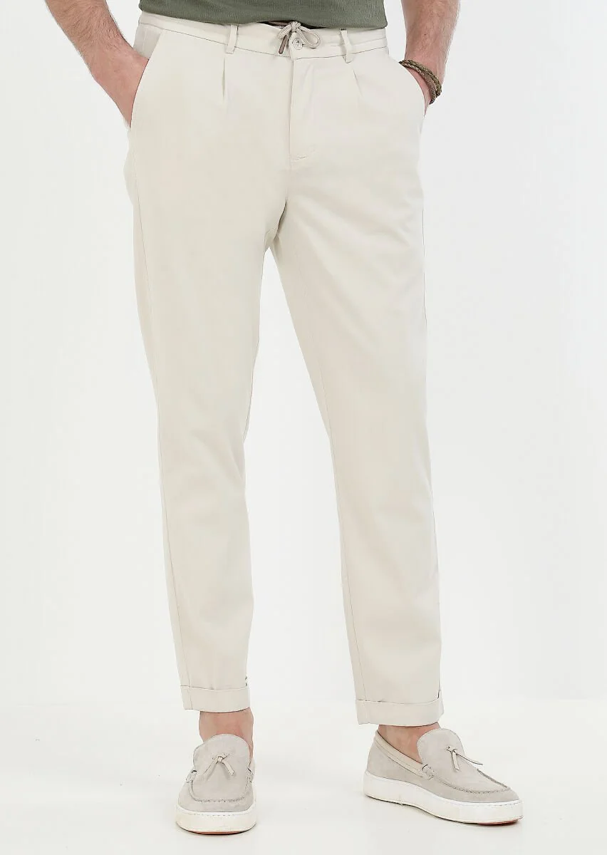 Ekru Düz Dokuma Jogging Fit Casual Pamuk Karışımlı Pantolon - 2