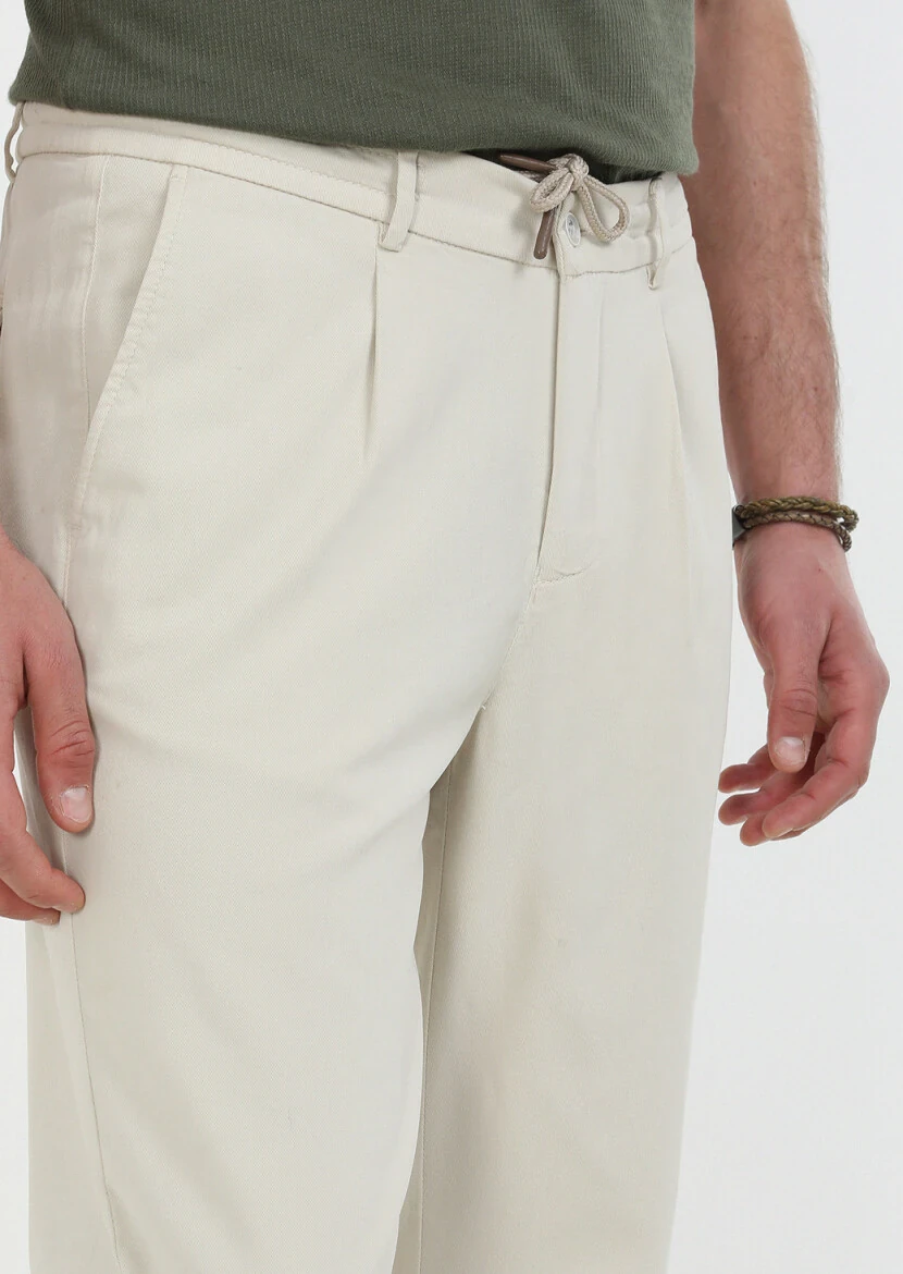 Ekru Düz Dokuma Jogging Fit Casual Pamuk Karışımlı Pantolon - 3