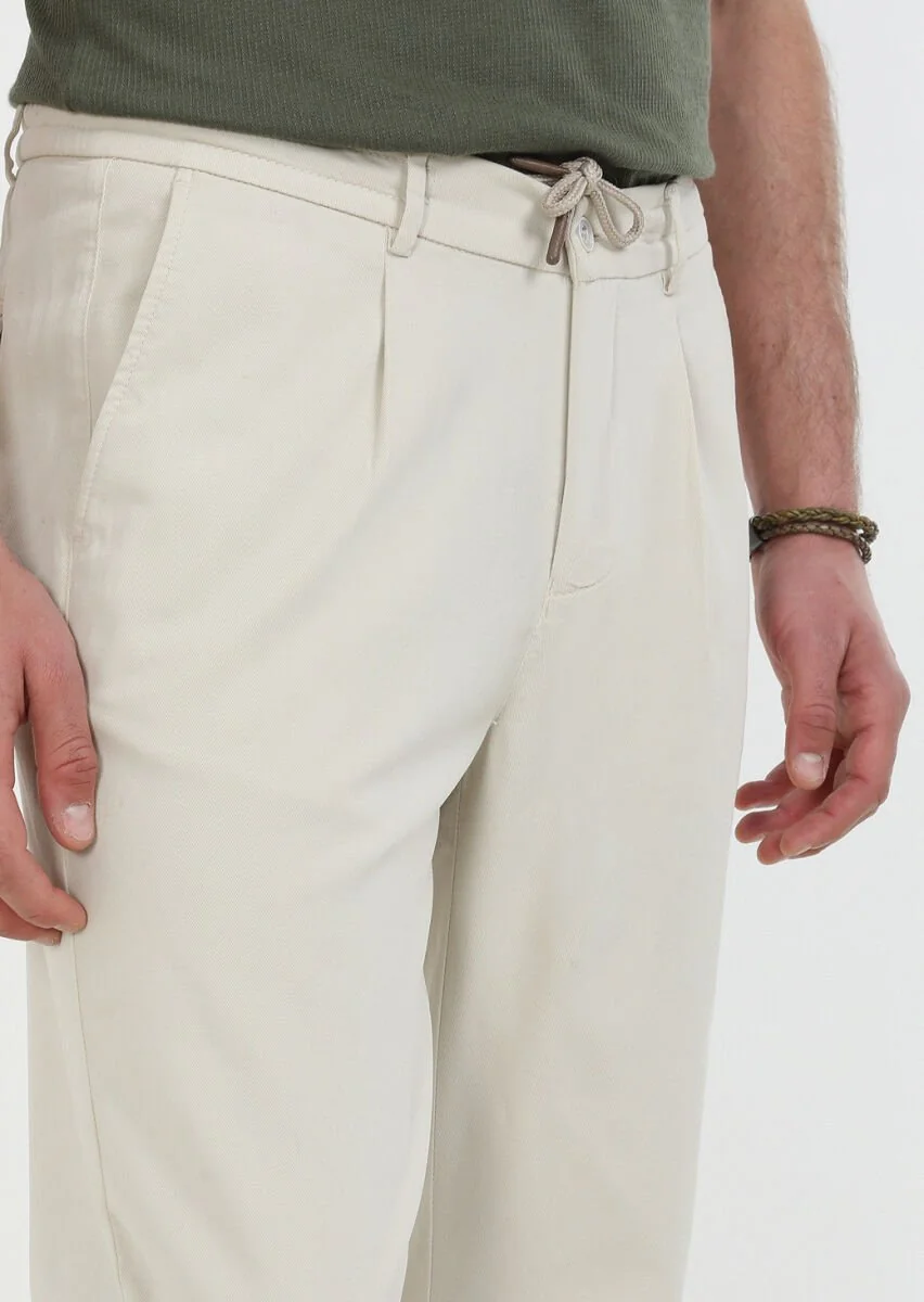Ekru Düz Dokuma Jogging Fit Casual Pamuk Karışımlı Pantolon - 3