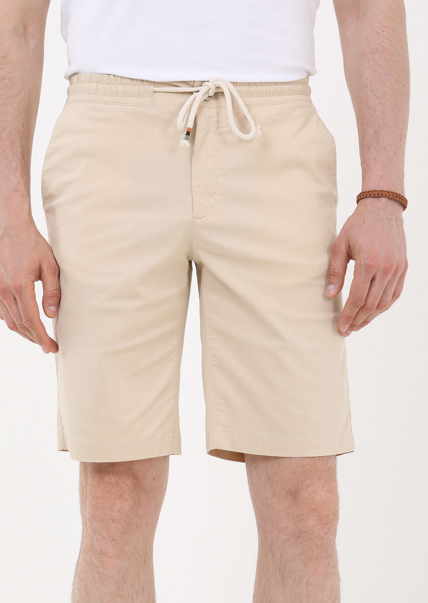 Ekru Düz Dokuma Regular Fit Casual Pamuk Karışımlı Bermuda - 1