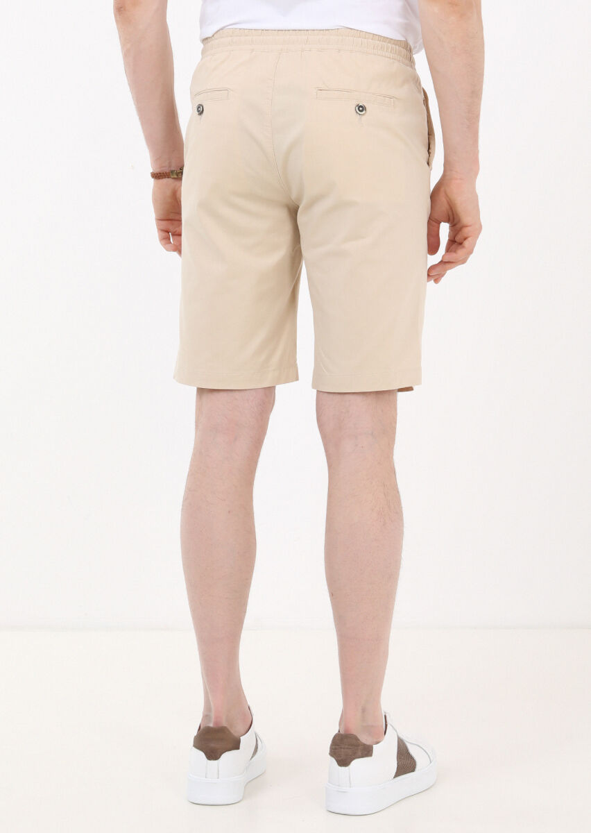 Ekru Düz Dokuma Regular Fit Casual Pamuk Karışımlı Bermuda - 2