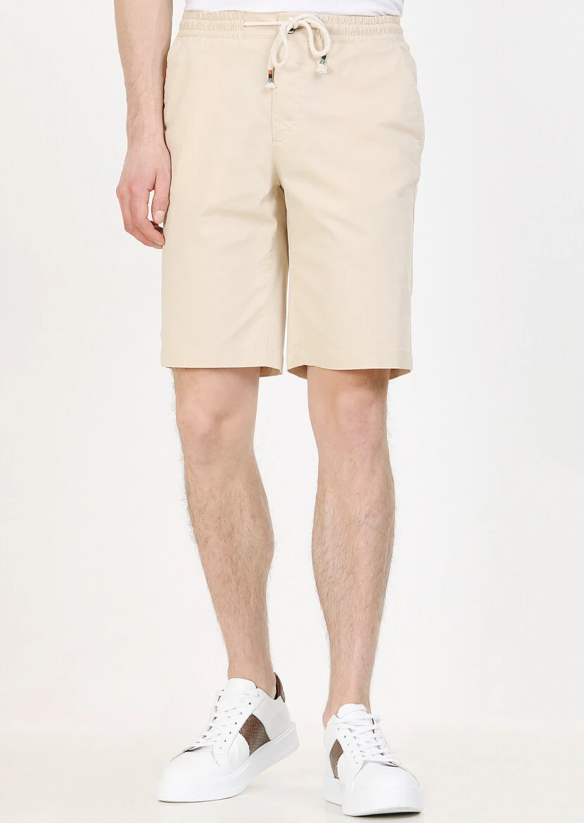 Ekru Düz Dokuma Regular Fit Casual Pamuk Karışımlı Bermuda - 2