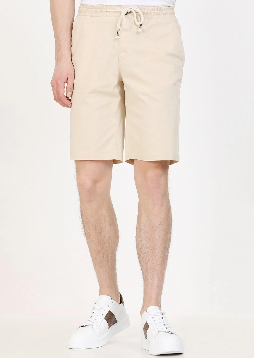 Ekru Düz Dokuma Regular Fit Casual Pamuk Karışımlı Bermuda - 2