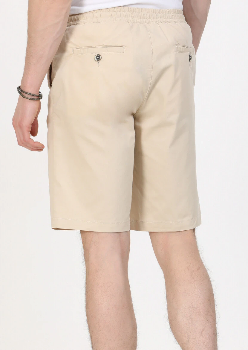 Ekru Düz Dokuma Regular Fit Casual Pamuk Karışımlı Bermuda - 5