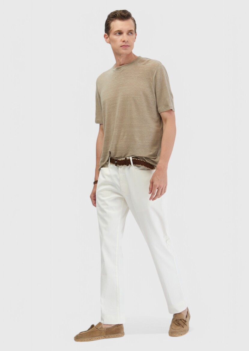 Ekru Düz Dokuma Regular Fit Casual Pamuk Karışımlı Pantolon - RAMSEY