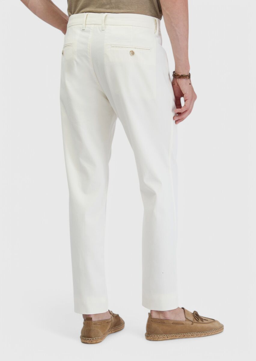 Ekru Düz Dokuma Regular Fit Casual Pamuk Karışımlı Pantolon - 4