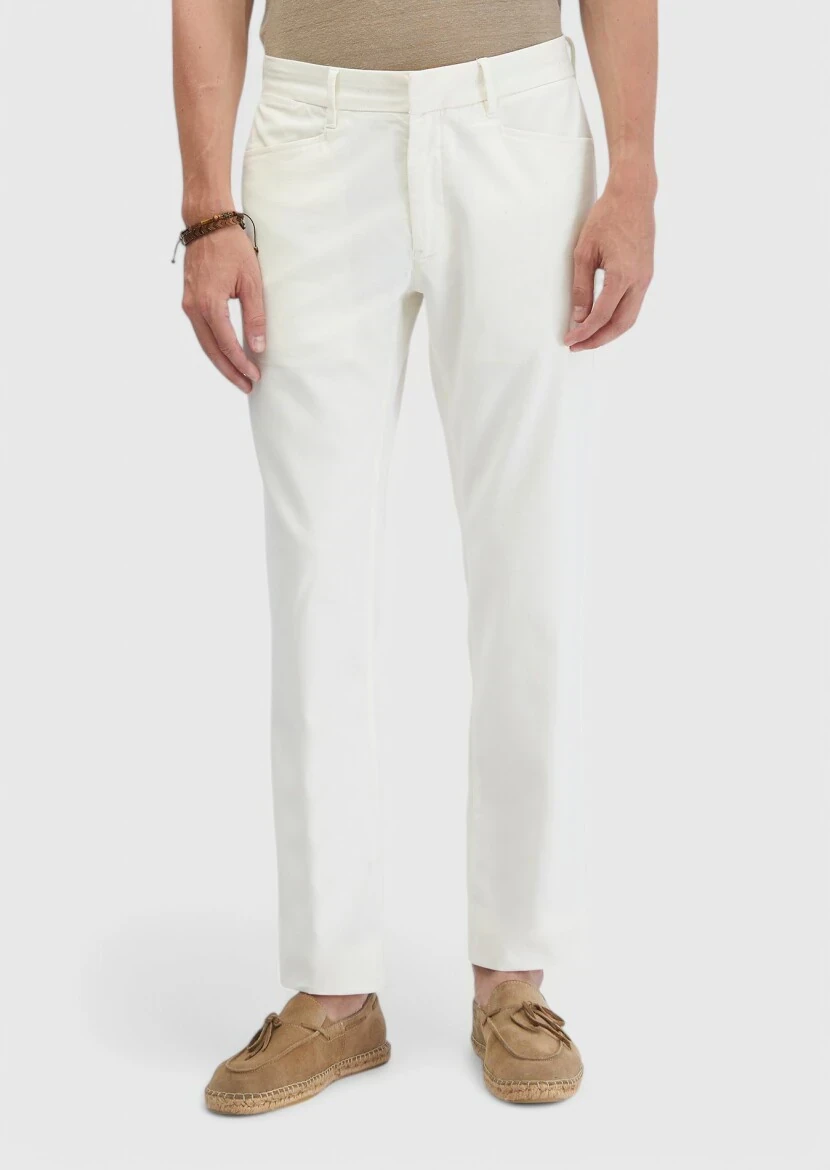 Ekru Düz Dokuma Regular Fit Casual Pamuk Karışımlı Pantolon - 2