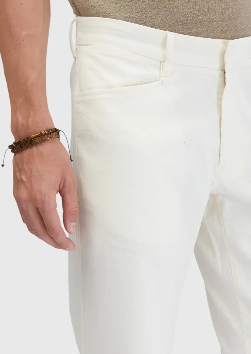Ekru Düz Dokuma Regular Fit Casual Pamuk Karışımlı Pantolon - 3