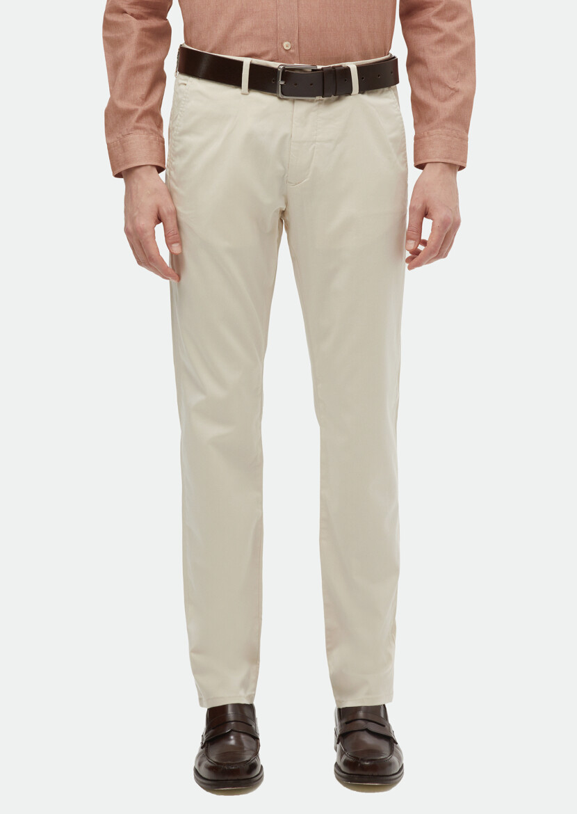 Ekru Düz Dokuma Regular Fit Casual Pantolon 