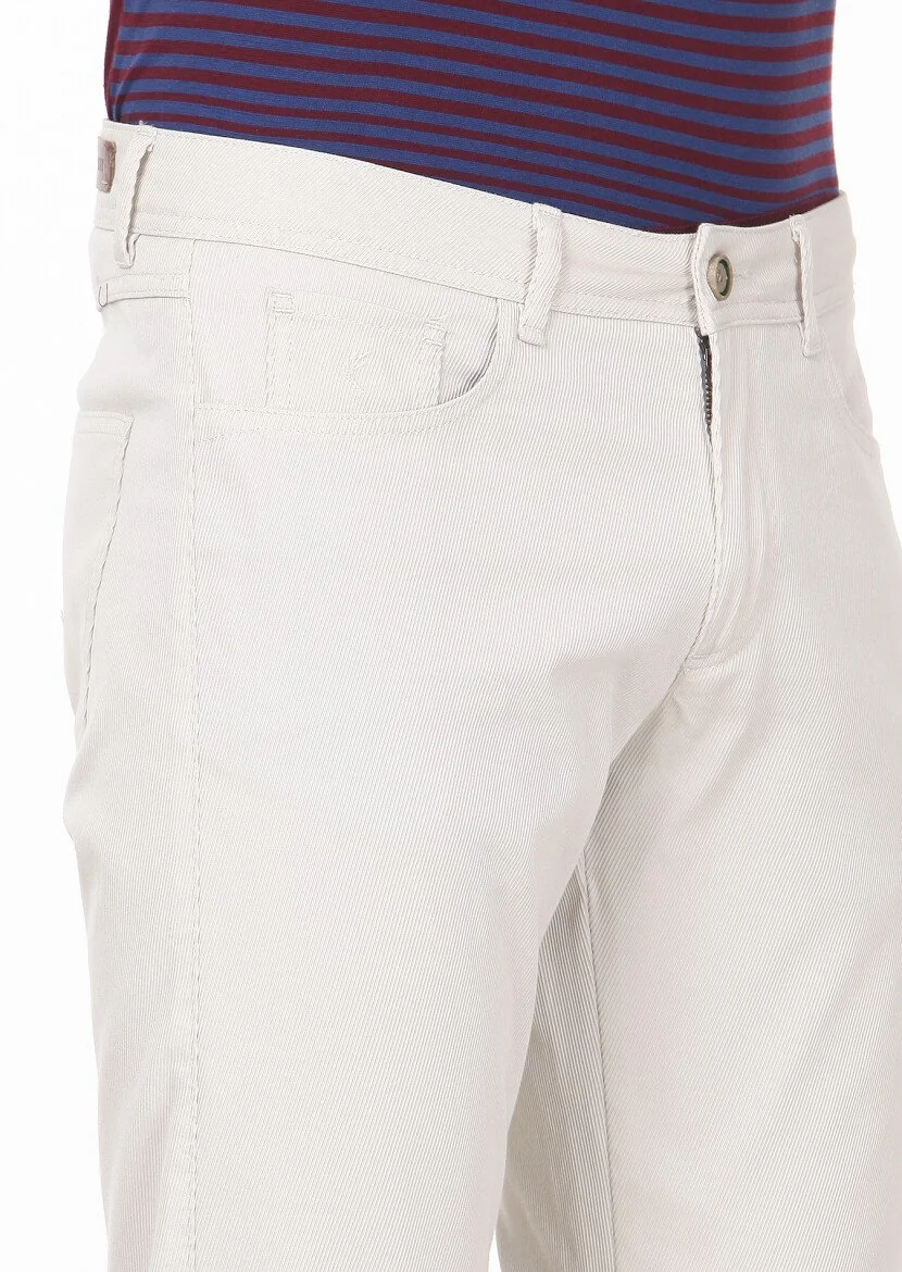 Ekru Düz Dokuma Slim Fit Casual %100 Pamuk Pantolon - 3