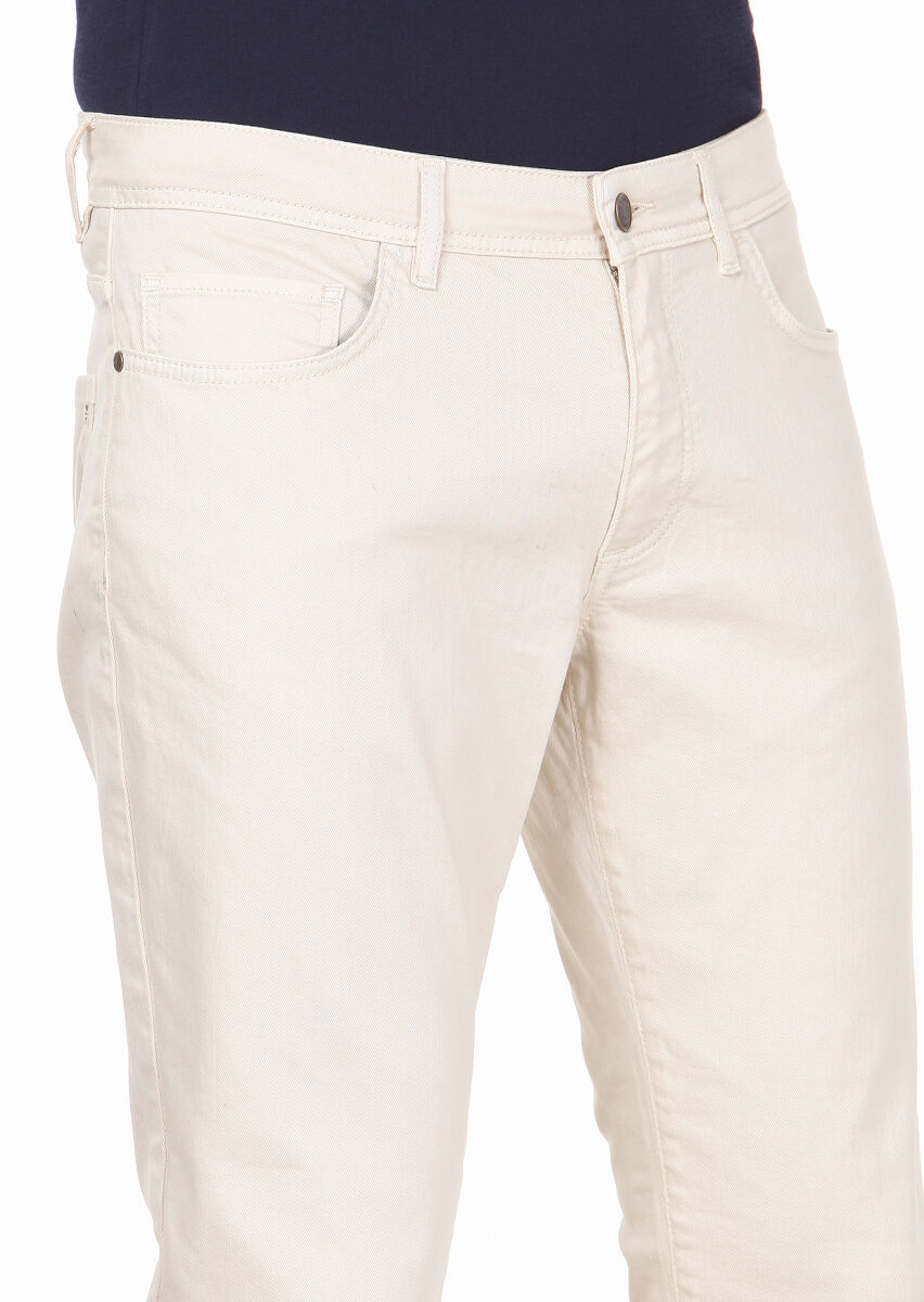 Ekru Düz Dokuma Slim Fit Casual Pamuk Karışımlı Pantolon - 3