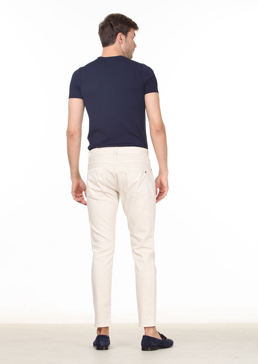 Ekru Düz Dokuma Slim Fit Casual Pamuk Karışımlı Pantolon - 4
