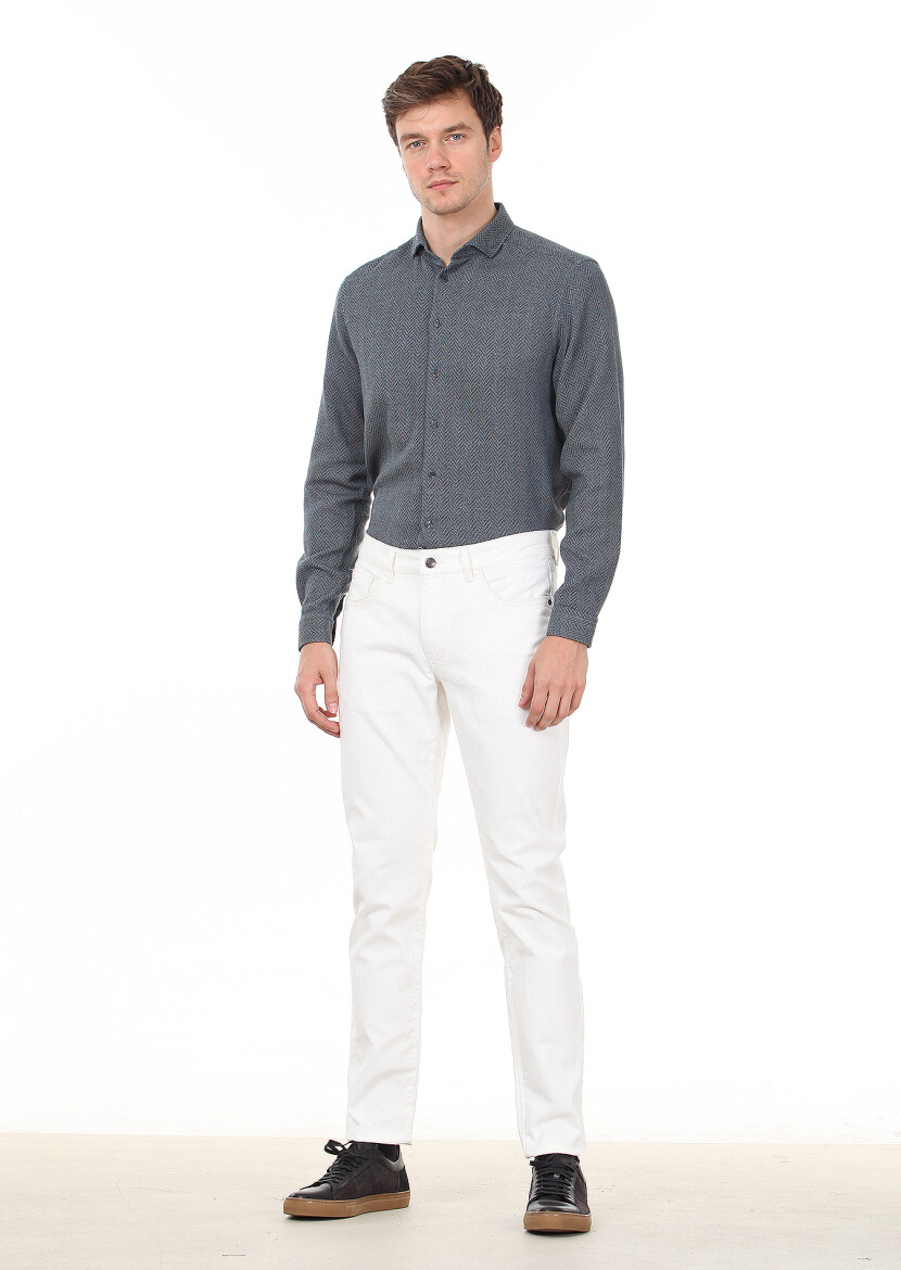 Ekru Düz Dokuma Slim Fit Casual Pamuk Karışımlı Pantolon - 1