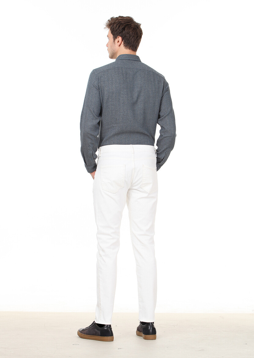 Ekru Düz Dokuma Slim Fit Casual Pamuk Karışımlı Pantolon - 3