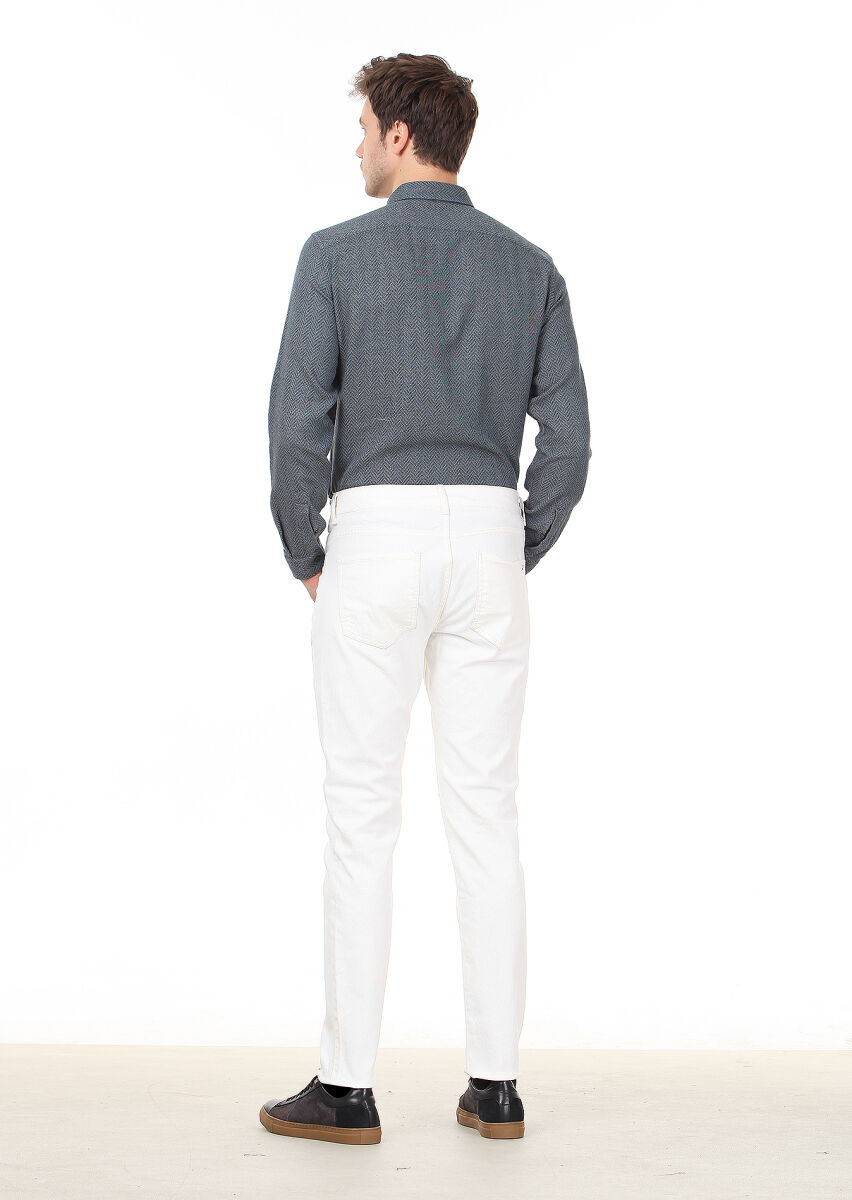 Ekru Düz Dokuma Slim Fit Casual Pamuk Karışımlı Pantolon - 3