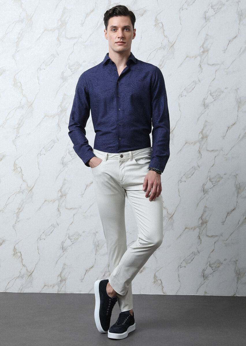 Ekru Düz Dokuma Slim Fit Casual Pamuk Karışımlı Pantolon - 3