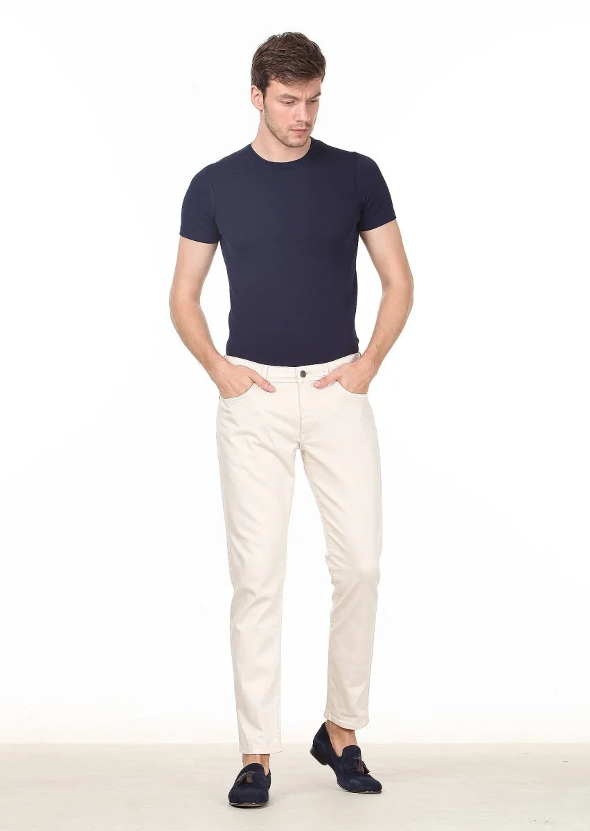 Ekru Düz Dokuma Slim Fit Casual Pamuk Karışımlı Pantolon - 1