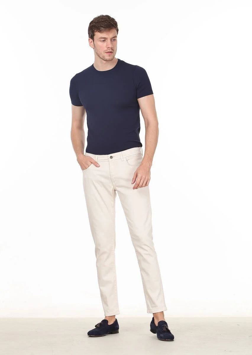 Ekru Düz Dokuma Slim Fit Casual Pamuk Karışımlı Pantolon - 2
