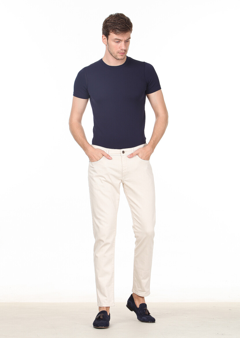 Ekru Düz Dokuma Slim Fit Casual Pamuk Karışımlı Pantolon - 1