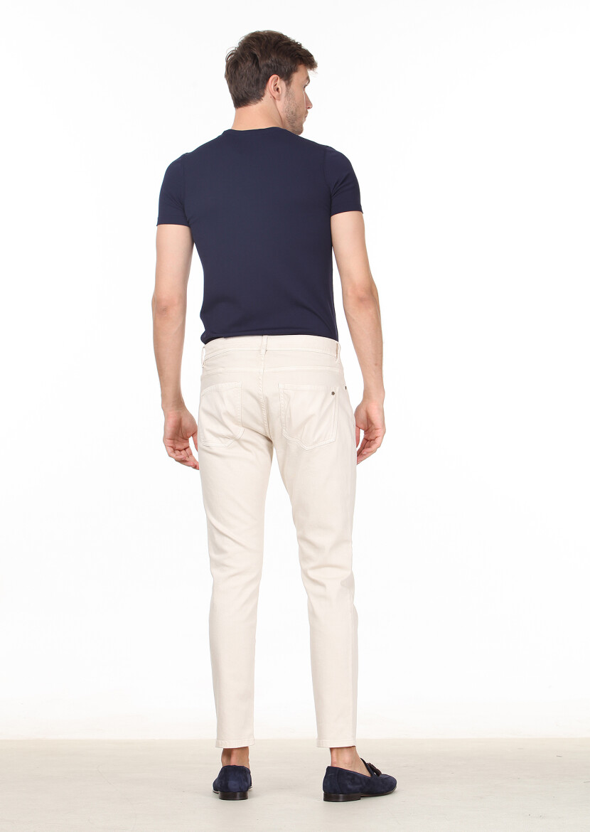 Ekru Düz Dokuma Slim Fit Casual Pamuk Karışımlı Pantolon - 4