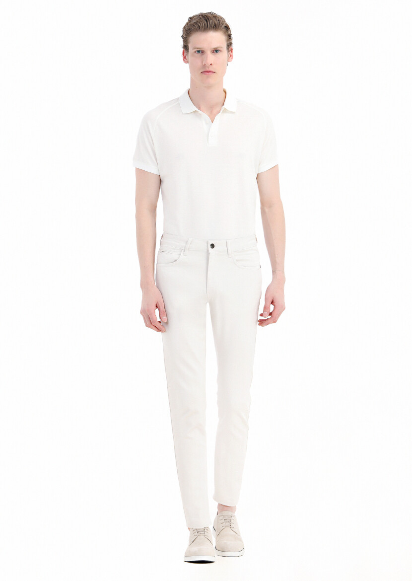 Ekru Düz Dokuma Slim Fit Casual Pamuk Karışımlı Pantolon - 1