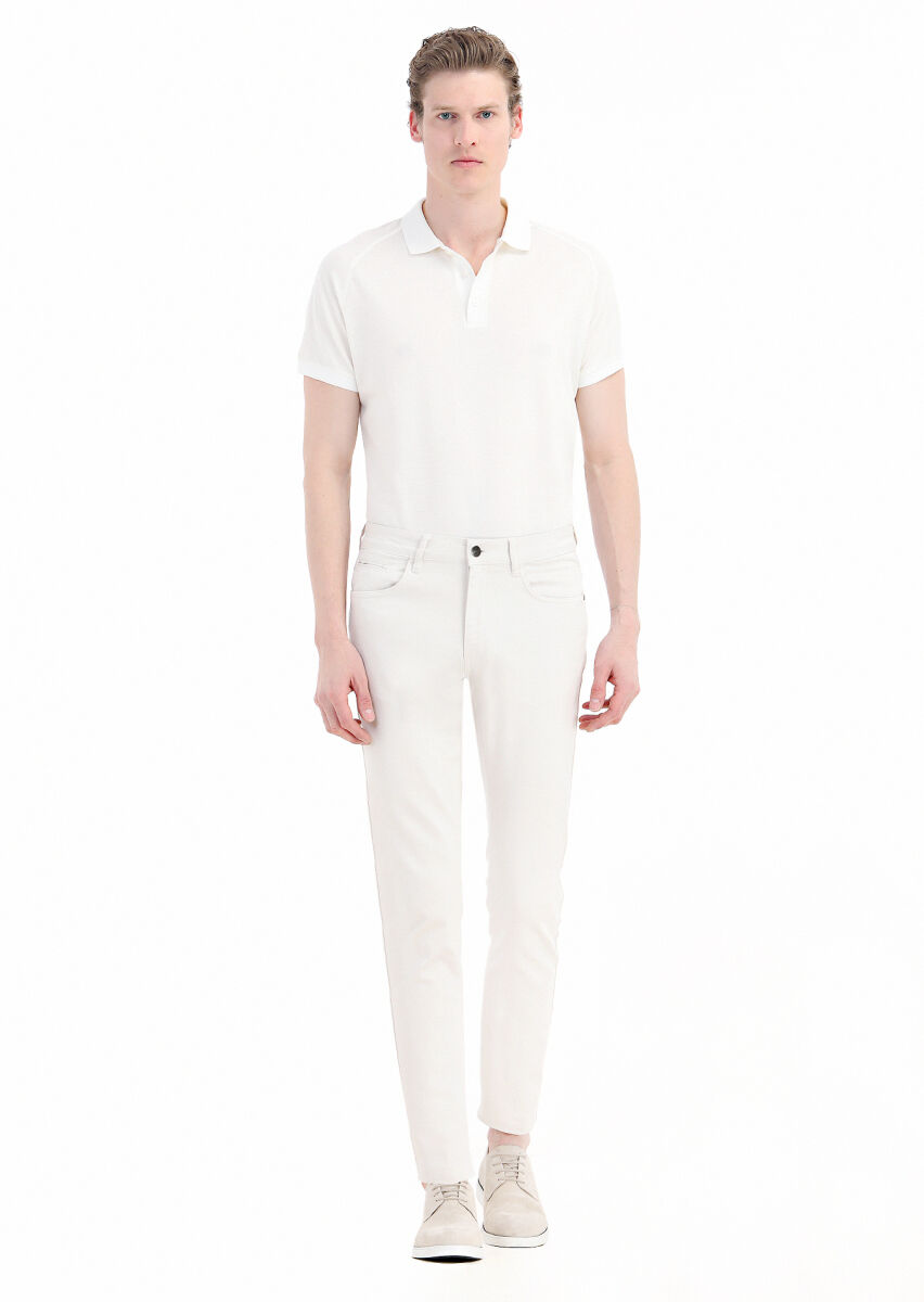 Ekru Düz Dokuma Slim Fit Casual Pamuk Karışımlı Pantolon - 1